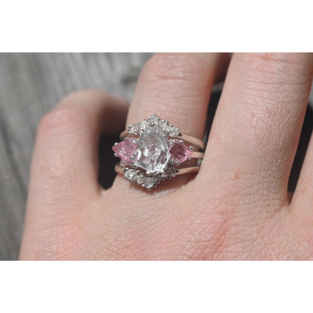 Pink Tourmaline engagement ring set, raw diamond ring, raw stone ring,